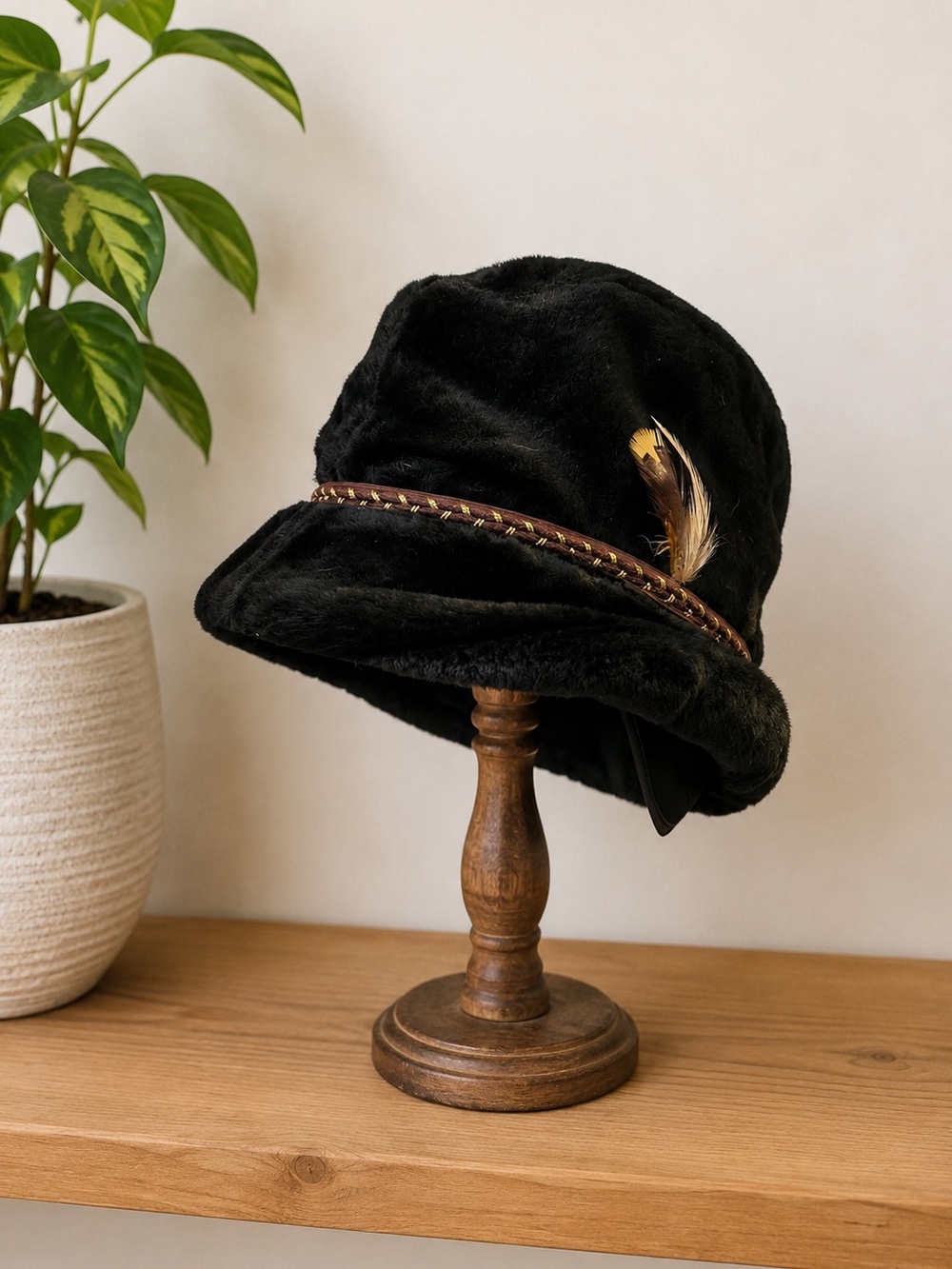 Vintage Black Faux Fur Cossack Hat Patrice Sears Feather Ribbon Ear Flaps Winter